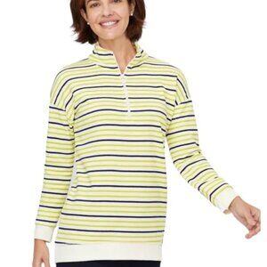 Talbots Green White Striped Classic French Terry Half-Zip Pullover Sweater Top